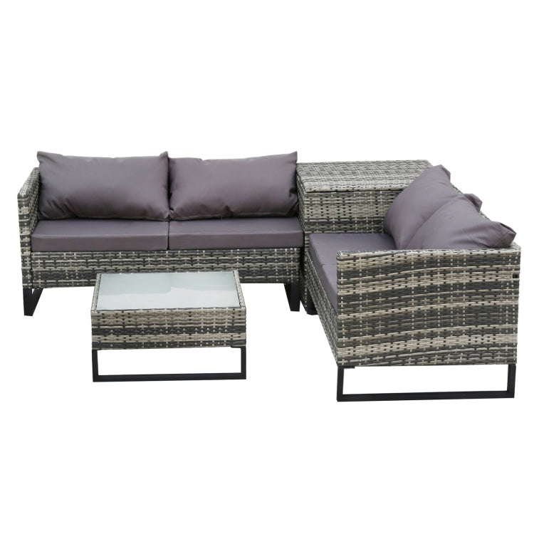 [US Warehouse] 4 in 1 Rattan Terrace Sofa Chair + Storage Box + Coffee Table Furniture Set