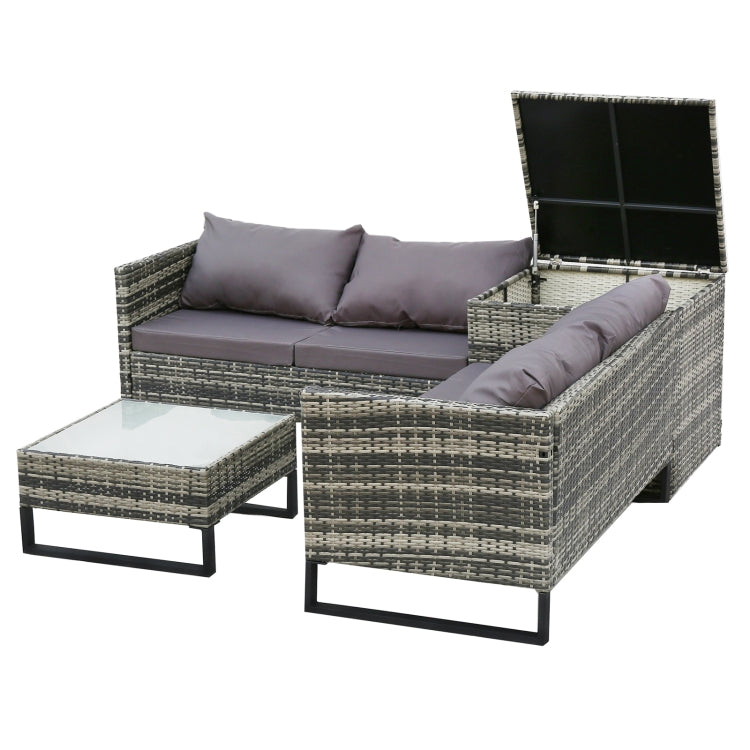 [US Warehouse] 4 in 1 Rattan Terrace Sofa Chair + Storage Box + Coffee Table Furniture Set