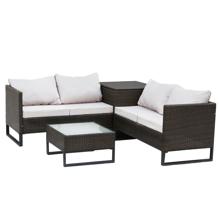 [US Warehouse] 4 in 1 Rattan Terrace Sofa Chair + Storage Box + Coffee Table Furniture Set
