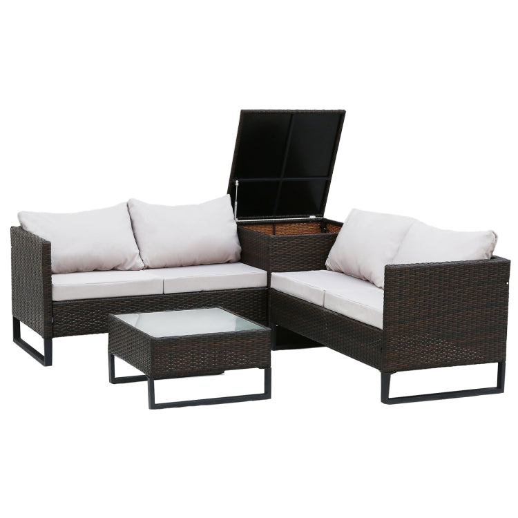 [US Warehouse] 4 in 1 Rattan Terrace Sofa Chair + Storage Box + Coffee Table Furniture Set