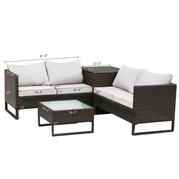 [US Warehouse] 4 in 1 Rattan Terrace Sofa Chair + Storage Box + Coffee Table Furniture Set