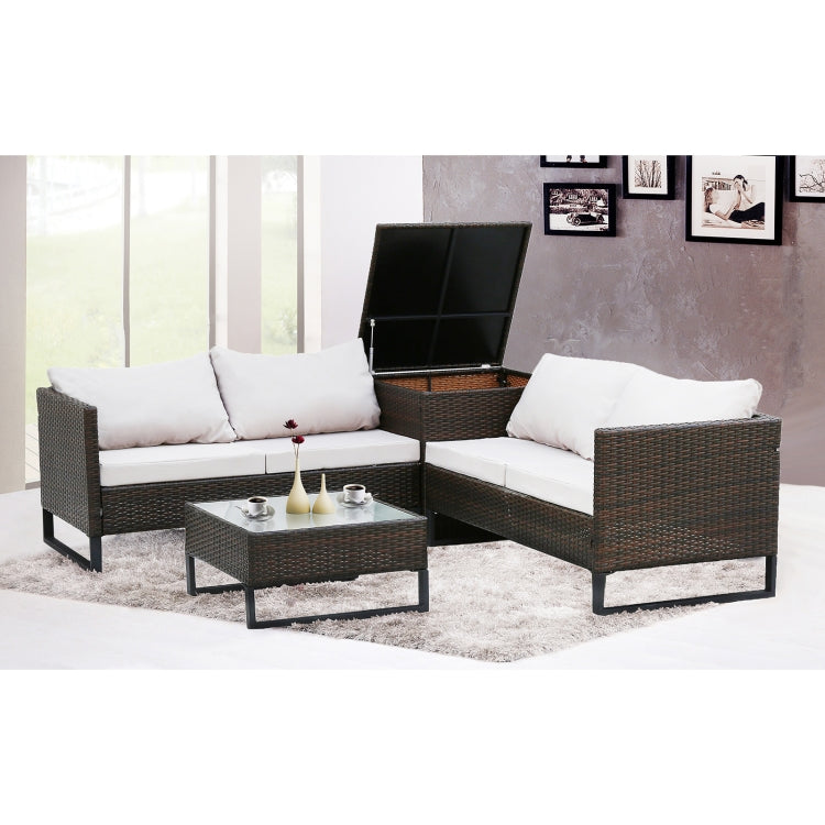 [US Warehouse] 4 in 1 Rattan Terrace Sofa Chair + Storage Box + Coffee Table Furniture Set
