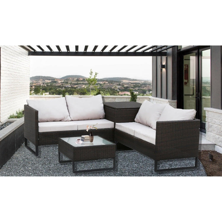 [US Warehouse] 4 in 1 Rattan Terrace Sofa Chair + Storage Box + Coffee Table Furniture Set