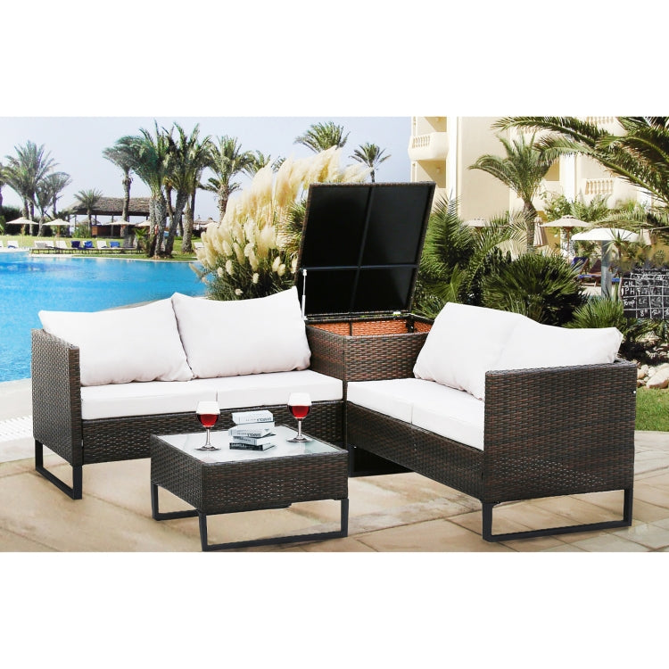 [US Warehouse] 4 in 1 Rattan Terrace Sofa Chair + Storage Box + Coffee Table Furniture Set