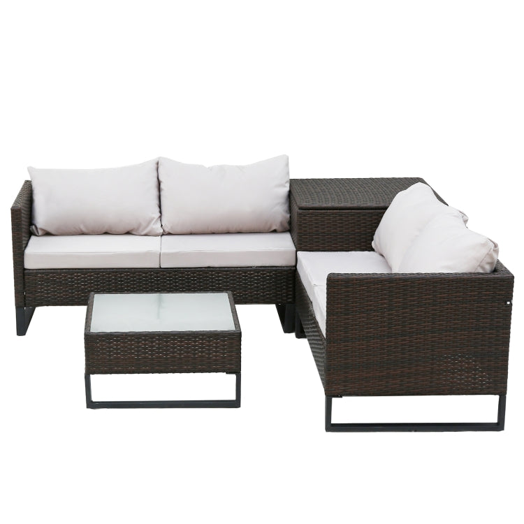 [US Warehouse] 4 in 1 Rattan Terrace Sofa Chair + Storage Box + Coffee Table Furniture Set