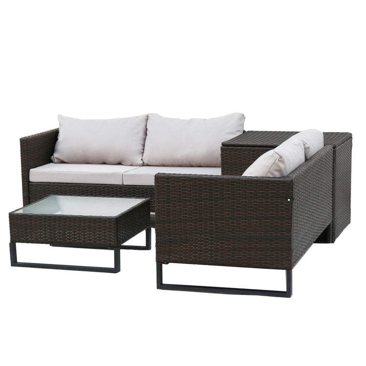 [US Warehouse] 4 in 1 Rattan Terrace Sofa Chair + Storage Box + Coffee Table Furniture Set