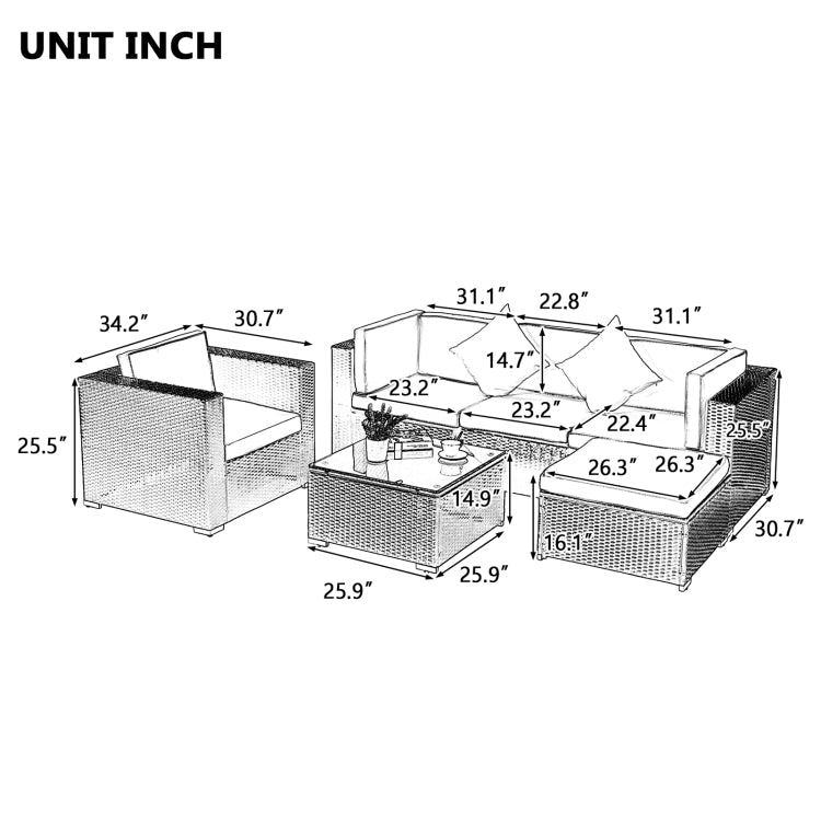 [US Warehouse] 19 in 1 Outdoor Rattan Sectional Cushioned Free Combination Four-seat Sofa + Chair + CoffeeTable + 2 Pillows Furniture Set