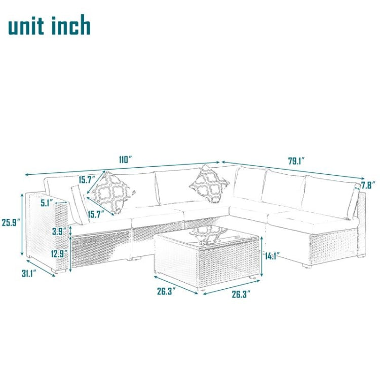 [US Warehouse] 23 in 1 Outdoor Rattan Sectional Cushioned Free Combination Six-seat Sofa + CoffeeTable + 2 Pillows Furniture Set