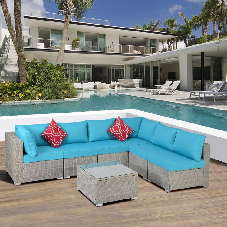[US Warehouse] 23 in 1 Outdoor Rattan Sectional Cushioned Free Combination Six-seat Sofa + CoffeeTable + 2 Pillows Furniture Set