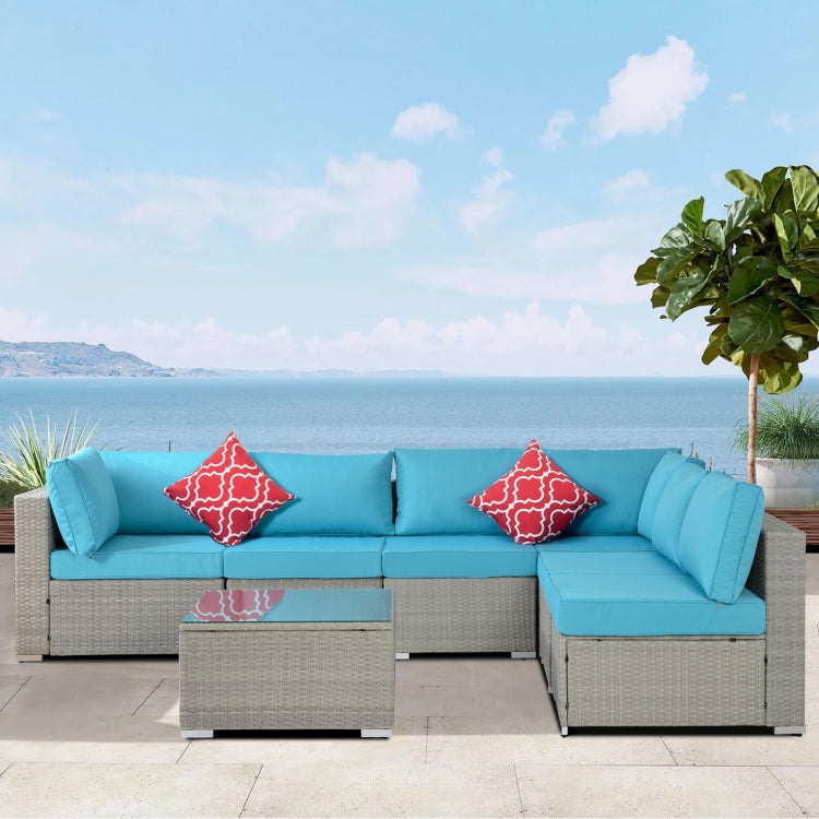 [US Warehouse] 23 in 1 Outdoor Rattan Sectional Cushioned Free Combination Six-seat Sofa + CoffeeTable + 2 Pillows Furniture Set