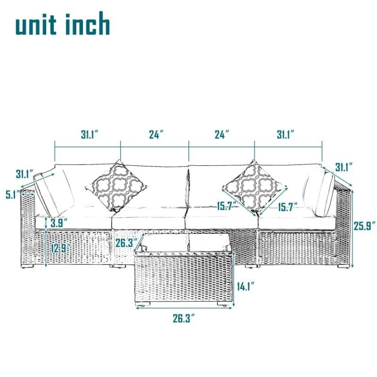 [US Warehouse] 17 in 1 Outdoor Rattan Sectional Cushioned Free Combination Four-seat Sofa + CoffeeTable + 2 Pillows Furniture Set