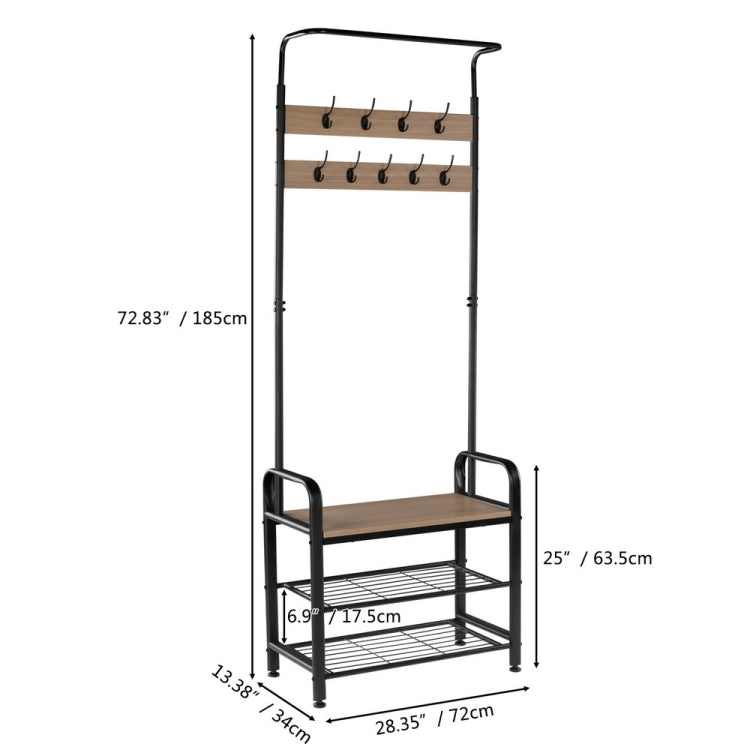 [US Warehouse] 2 in 1 Steel-wood Three-layer Shoes Rack with 9 Hooks, Size: 72.83 x 28.35 x 13.38 inch
