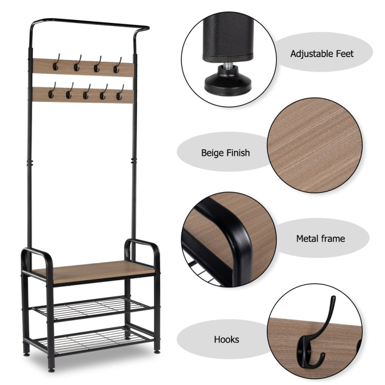 [US Warehouse] 2 in 1 Steel-wood Three-layer Shoes Rack with 9 Hooks, Size: 72.83 x 28.35 x 13.38 inch