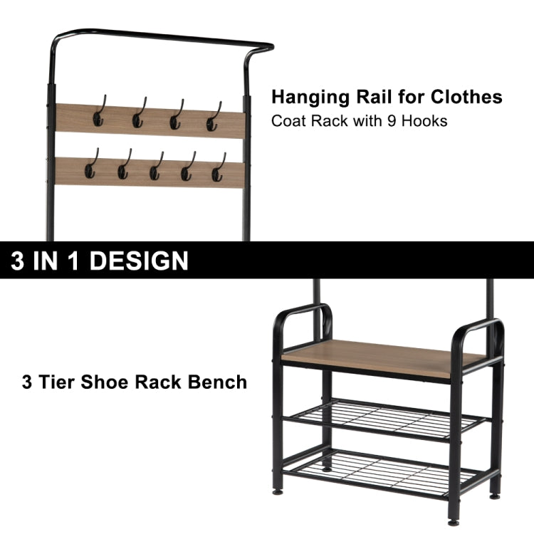 [US Warehouse] 2 in 1 Steel-wood Three-layer Shoes Rack with 9 Hooks, Size: 72.83 x 28.35 x 13.38 inch
