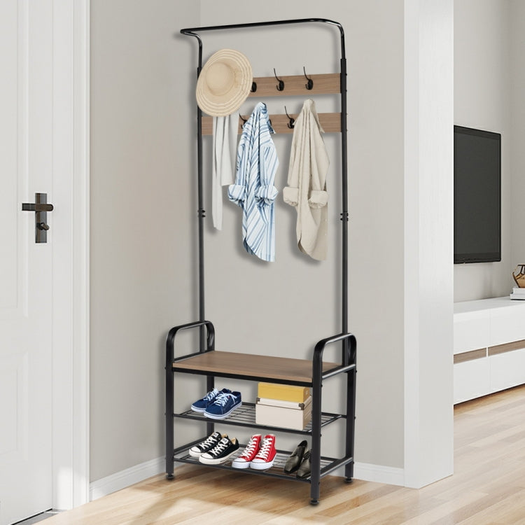 [US Warehouse] 2 in 1 Steel-wood Three-layer Shoes Rack with 9 Hooks, Size: 72.83 x 28.35 x 13.38 inch