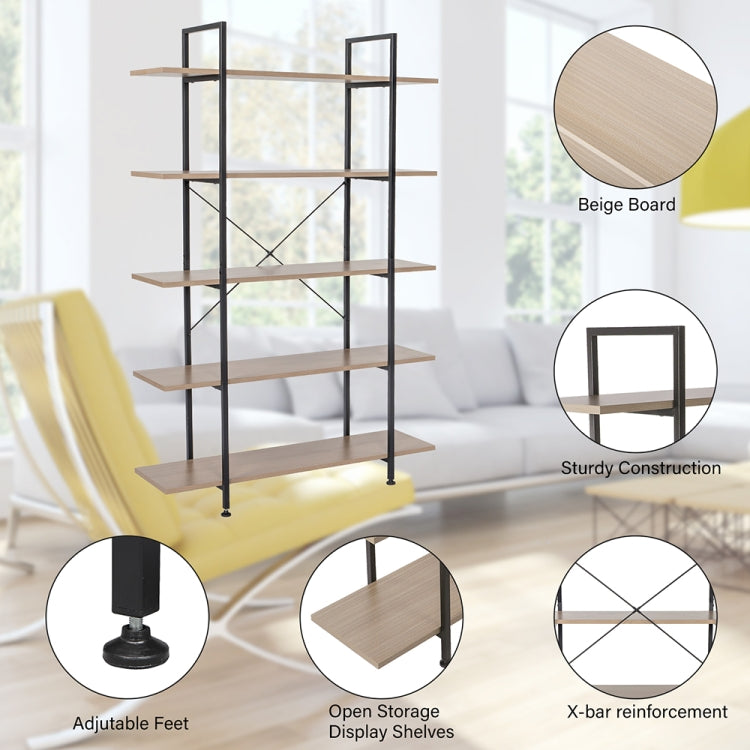 [US Warehouse] Household Steel-wood 5-layer Widened Bookshelf Storage Rack with X Cross Fixing Parts, Size: 70.7 x 47.2 x 13.4 inch
