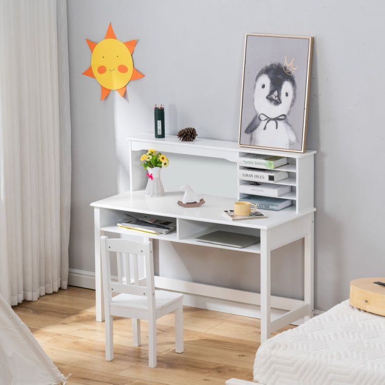 [US Warehouse] 2 in 1 A-style Painted Wooden Student Desk with Book Holder & Storage Shelf + Chair Set