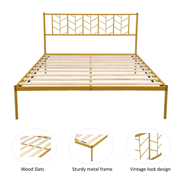 [US Warehouse] Household Retro Queen Metal Bed Frame (Gold)
