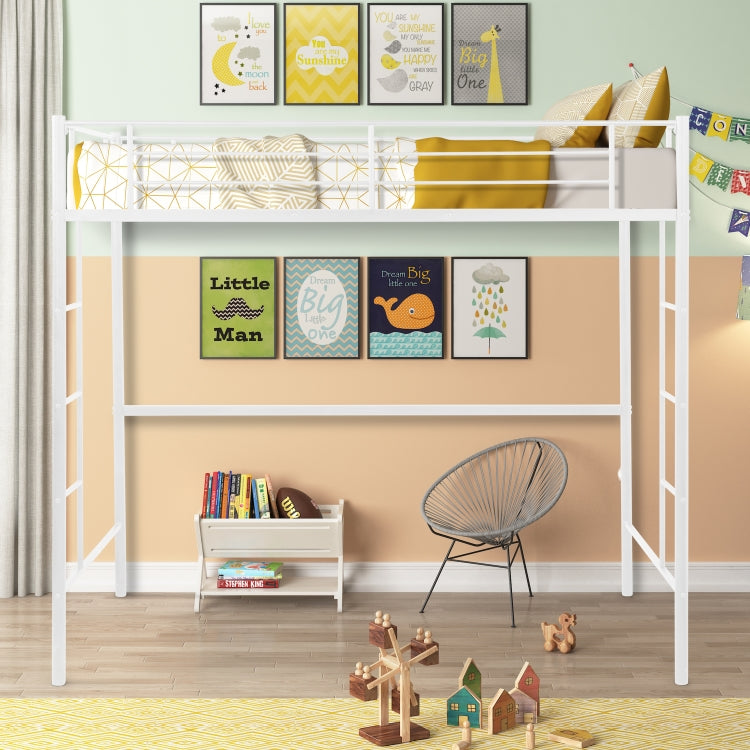 [US Warehouse] Household Loft Twin Metal Pipe Bed Frame with Two-side Ladders (White)