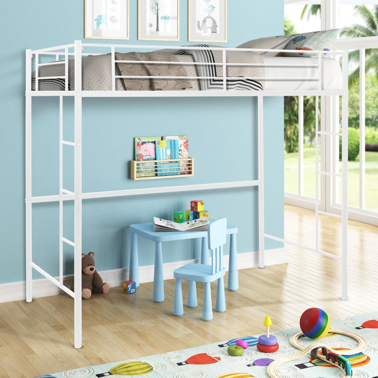[US Warehouse] Household Loft Twin Metal Pipe Bed Frame with Two-side Ladders (White)