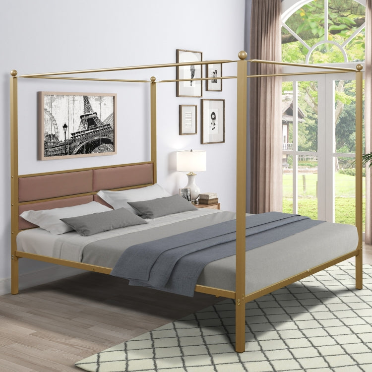 [US Warehouse] Household Queen Canopy Metal Four-poster Bed Frame (Brass)
