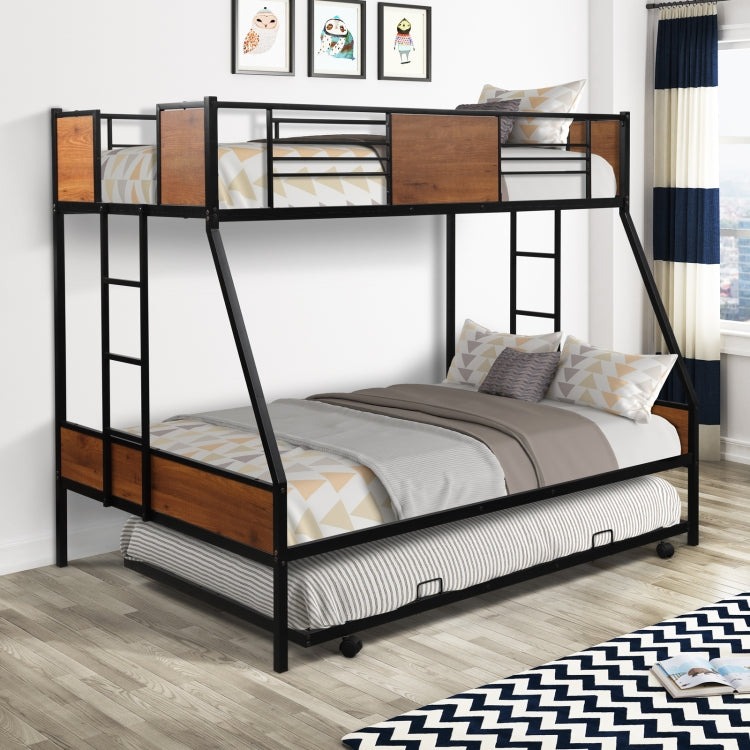 [US Warehouse] Household Twin Over Full Metal Bunk Bed with Trundle Bed & Two-side Ladders (Red Natural Wood)