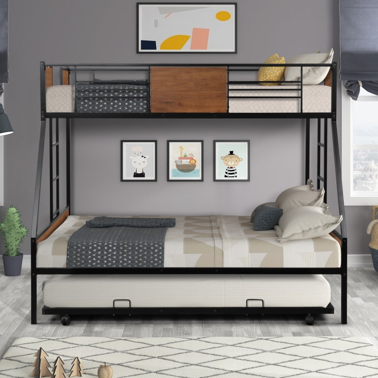 [US Warehouse] Household Twin Over Full Metal Bunk Bed with Trundle Bed & Two-side Ladders (Red Natural Wood)