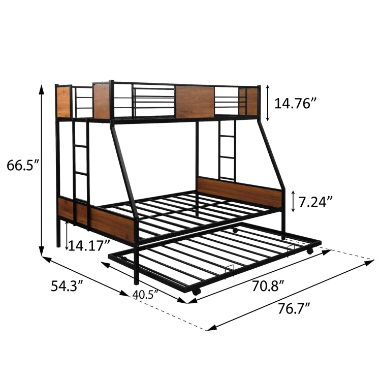 [US Warehouse] Household Twin Over Full Metal Bunk Bed with Trundle Bed & Two-side Ladders (Red Natural Wood)