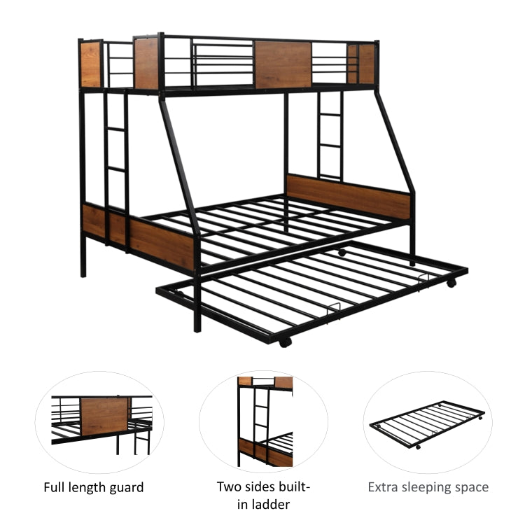 [US Warehouse] Household Twin Over Full Metal Bunk Bed with Trundle Bed & Two-side Ladders (Red Natural Wood)