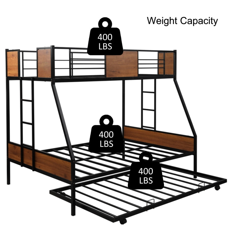[US Warehouse] Household Twin Over Full Metal Bunk Bed with Trundle Bed & Two-side Ladders (Red Natural Wood)