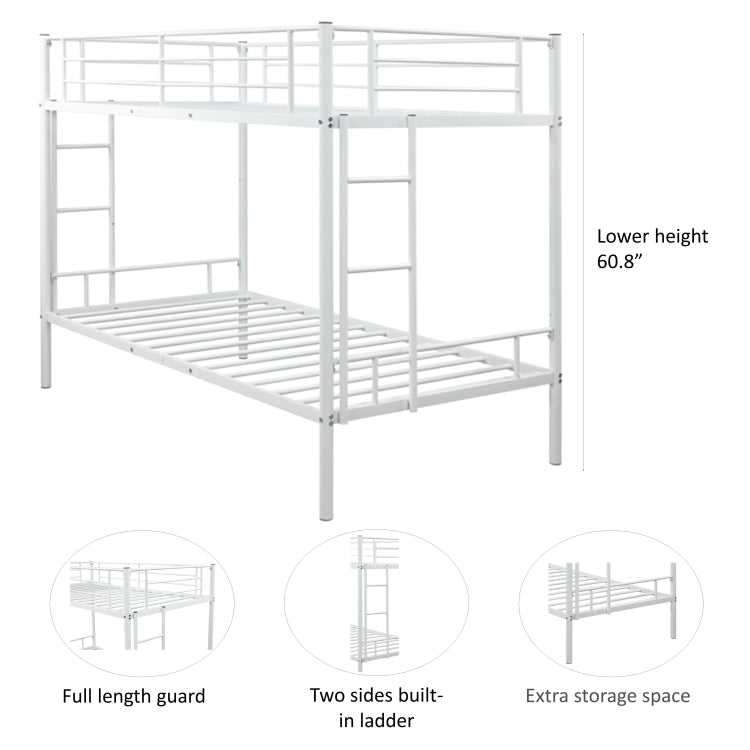 [US Warehouse] Household Twin Metal Bunk Bed with Two-side Ladders (White)