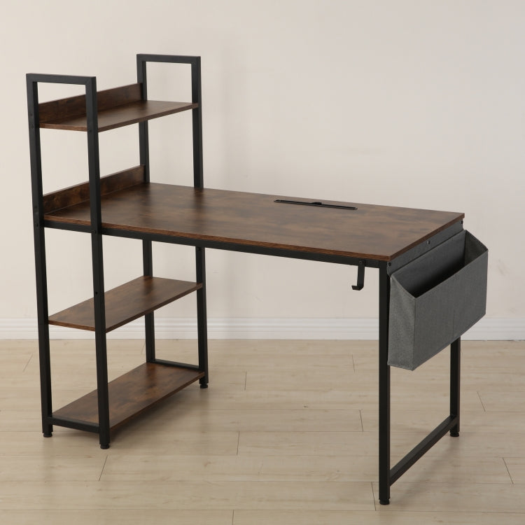 [US Warehouse] 47 Inch Multi-function H-shaped Computer Desk with bookshelf & Fabric Drawer (Rustic Brown)