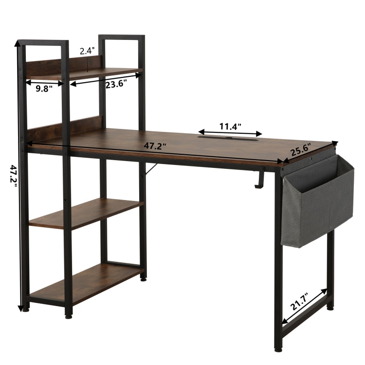 [US Warehouse] 47 Inch Multi-function H-shaped Computer Desk with bookshelf & Fabric Drawer (Rustic Brown)