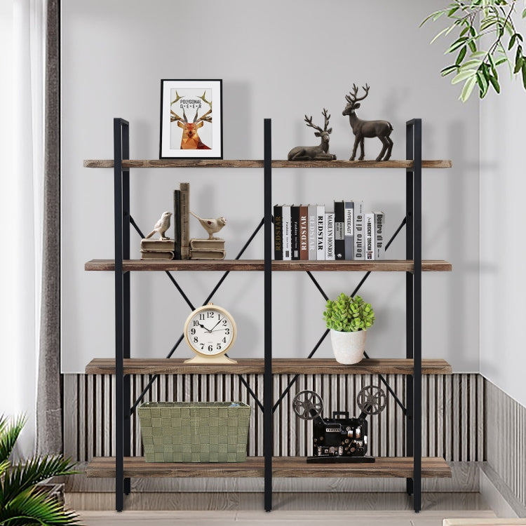 [US Warehouse] Home Office Double Wide 4-Tier Bookcase Bookshelf Storage Organizer