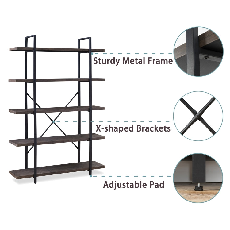 [US Warehouse] Retro Industrial Style Home Office 5-layers Bookcase Bookshelf Storage Shelves