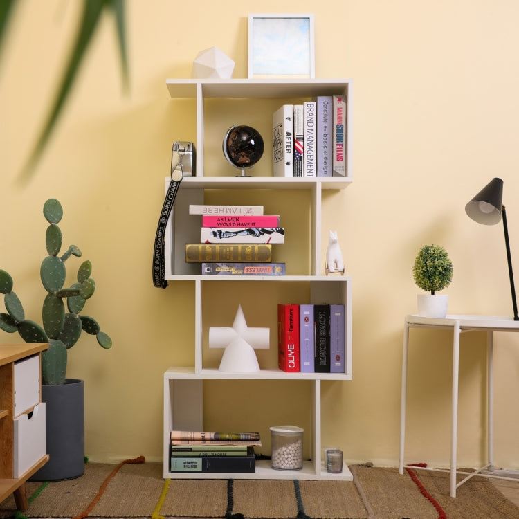 [US Warehouse] Home Office 4-Tiers S-Shaped Wood Bookcase Bookshelf Storage Display Stand