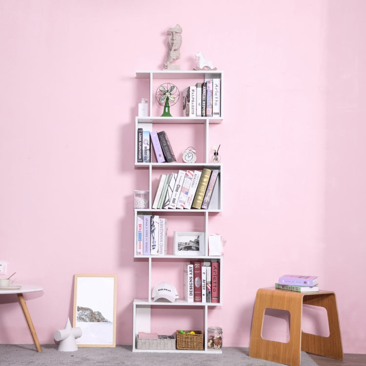 [US Warehouse] Home Office 6-Tiers S-Shaped Wood Bookcase Bookshelf Storage Display Stand