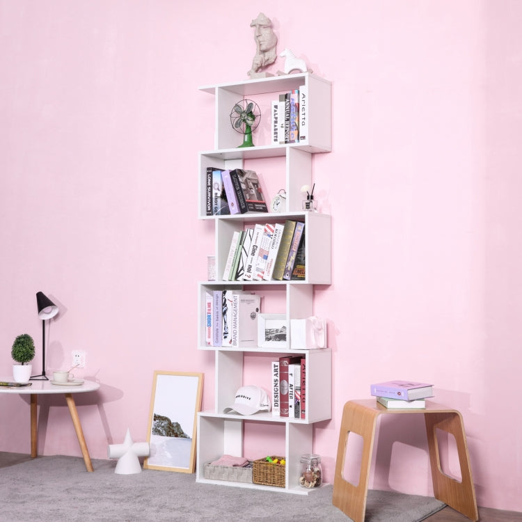 [US Warehouse] Home Office 6-Tiers S-Shaped Wood Bookcase Bookshelf Storage Display Stand
