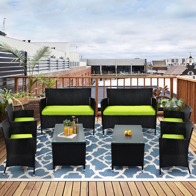 [US Warehouse] 8 in 1 PE Rattan Wicker Two-seat Sofa + Armchairs + Coffee Table Outdoor Furniture Set