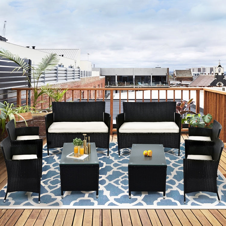 [US Warehouse] 8 in 1 PE Rattan Wicker Two-seat Sofa + Armchairs + Coffee Table Outdoor Furniture Set