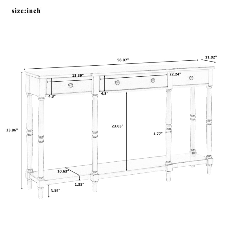 [US Warehouse] Entryway Solid Wood Table with Storage Shelf & Drawers, Size: 58.07 x 33.86 x 11.02 inch