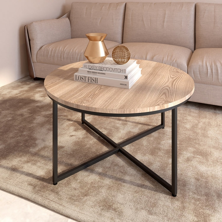 [US Warehouse] Metal Frame Round Wooden Coffee Table with X-shaped Legs, Size: 35.04 x 35.04 x 18.11 inch