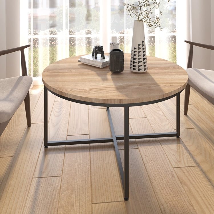 [US Warehouse] Metal Frame Round Wooden Coffee Table with X-shaped Legs, Size: 35.04 x 35.04 x 18.11 inch