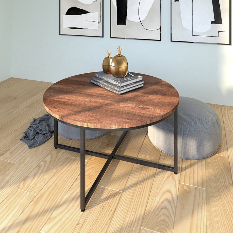 [US Warehouse] Metal Frame Round Wooden Coffee Table with X-shaped Legs, Size: 35.04 x 35.04 x 18.11 inch
