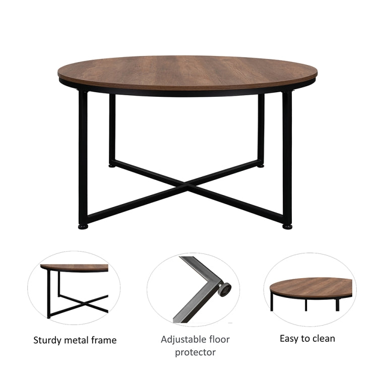 [US Warehouse] Metal Frame Round Wooden Coffee Table with X-shaped Legs, Size: 35.04 x 35.04 x 18.11 inch
