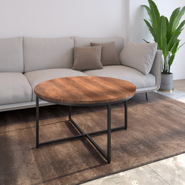 [US Warehouse] Metal Frame Round Wooden Coffee Table with X-shaped Legs, Size: 35.04 x 35.04 x 18.11 inch