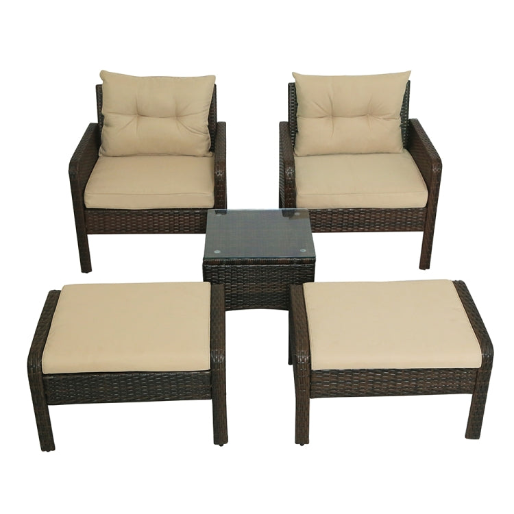 [US Warehouse] 5 in 1 PE Rattan Single Sofa Chair + Ottoman + Glass Table Outdoor Patio Furniture Set