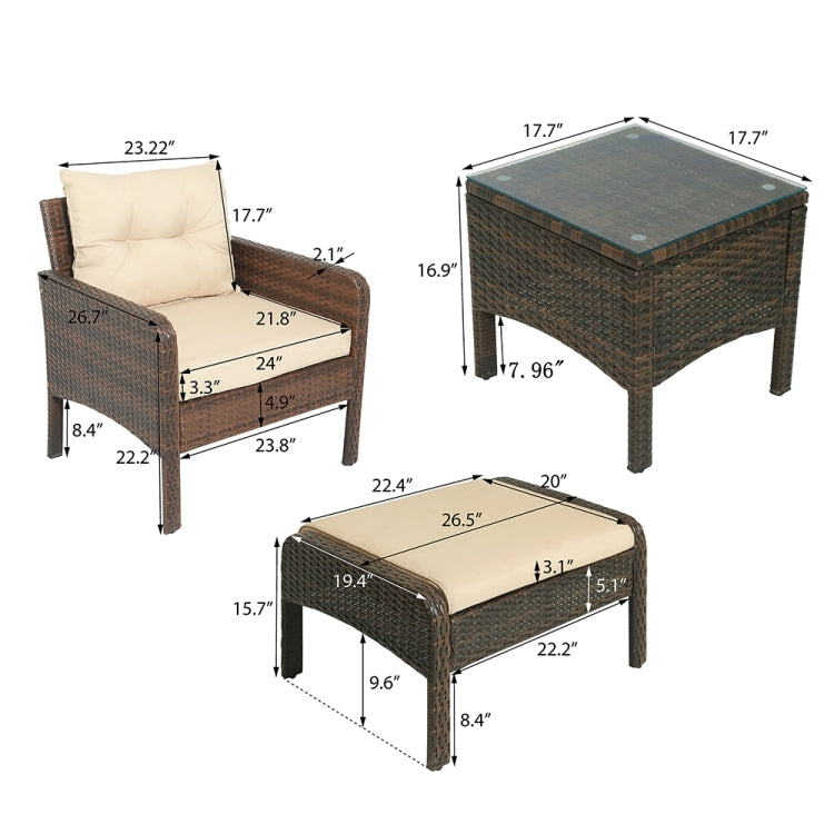 [US Warehouse] 5 in 1 PE Rattan Single Sofa Chair + Ottoman + Glass Table Outdoor Patio Furniture Set