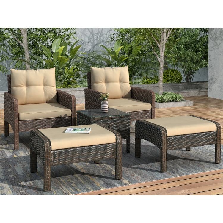 [US Warehouse] 5 in 1 PE Rattan Single Sofa Chair + Ottoman + Glass Table Outdoor Patio Furniture Set