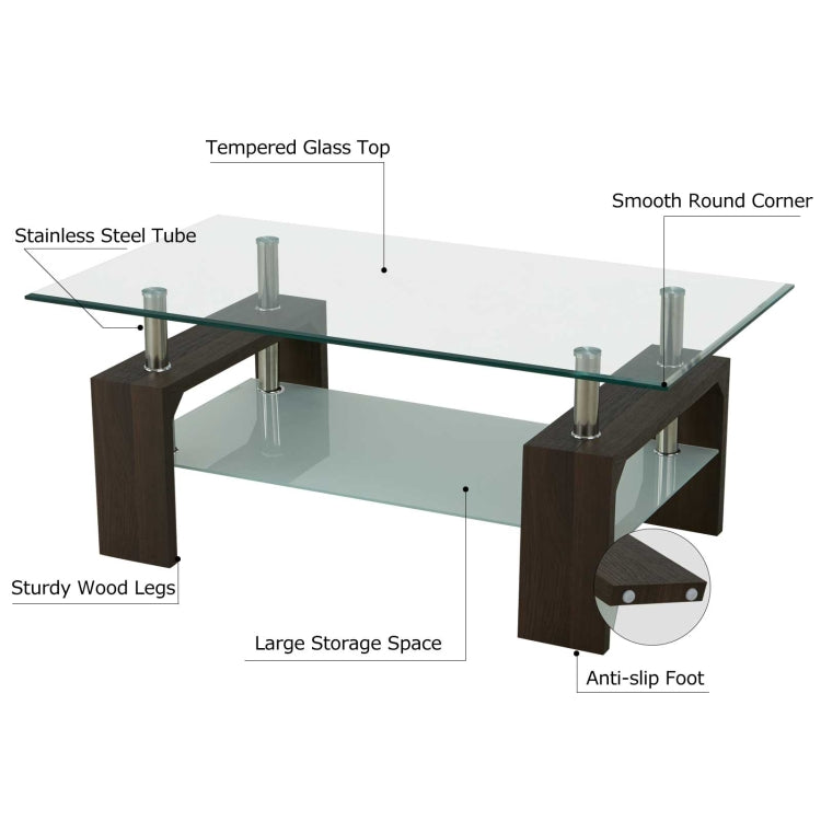 [US Warehouse] Living Room Glass Coffee Table with Storage Shelf, Size: 43.3x23.6x17.7 inch
